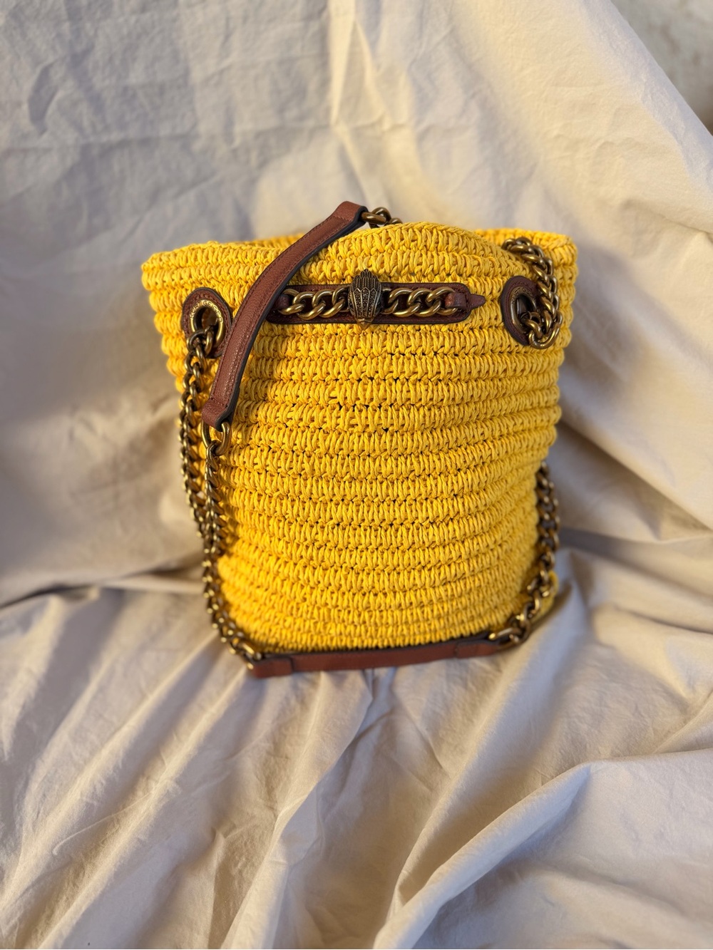 Kurt Geiger Yellow Crochet Bucket Bag with Chain Detail